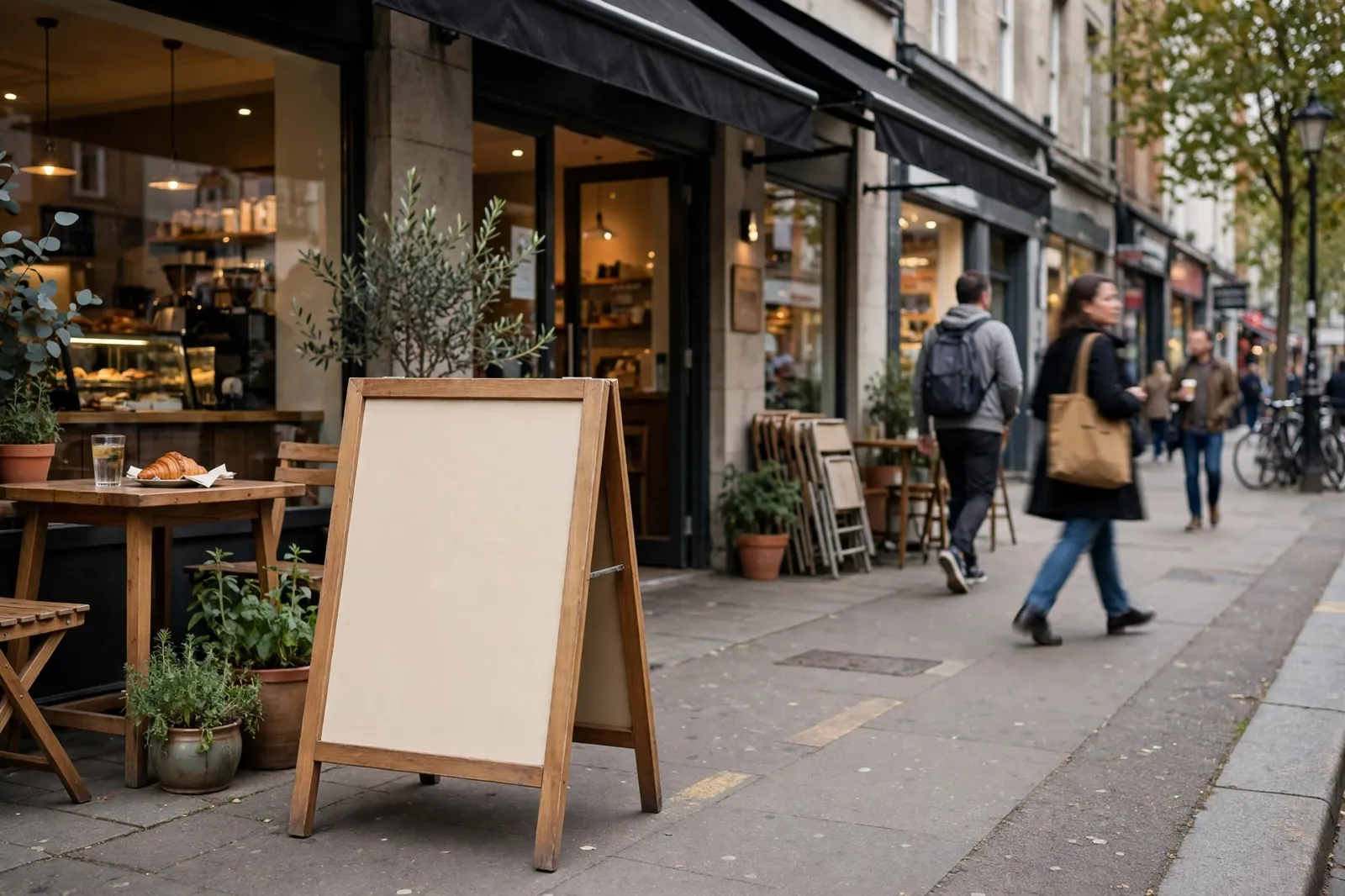 An A-frame sign outside a cafe