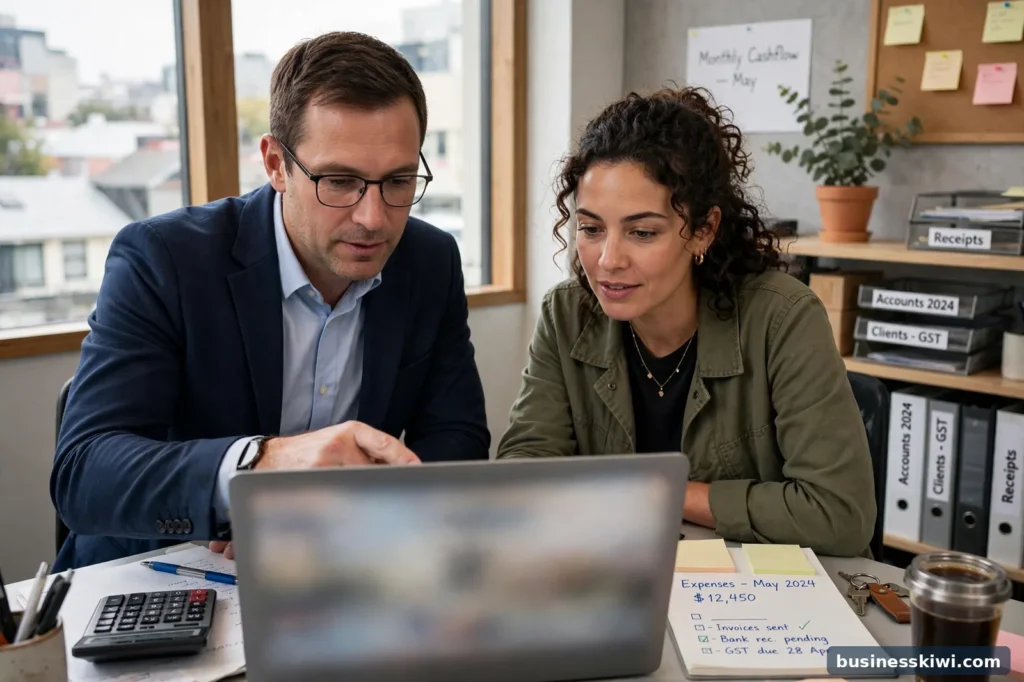 An accountant and a business client reviewing accounting software together