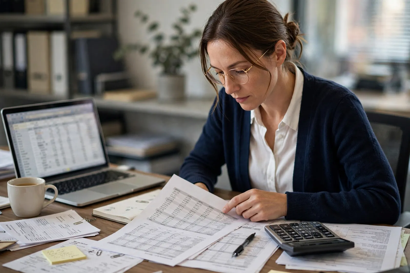 An accountant reviewing financial reports at her desk