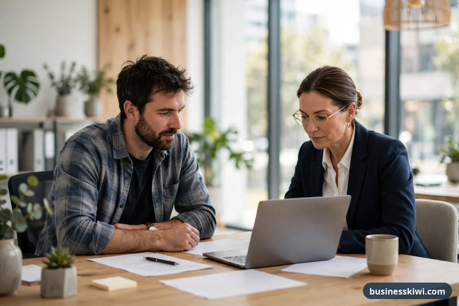 An accountant and a small business owner reviewing a laptop and paperwork together at a desk in a New Zealand office