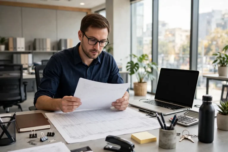 An accountant reviewing a fixed asset register at an office desk