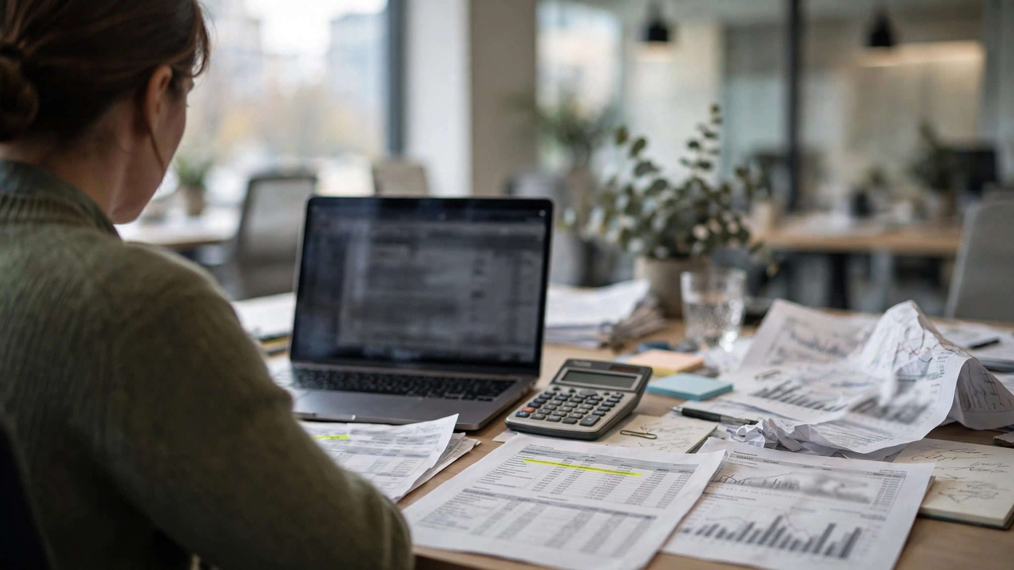Accountant reviewing financial documents at a desk with a calculator in an office