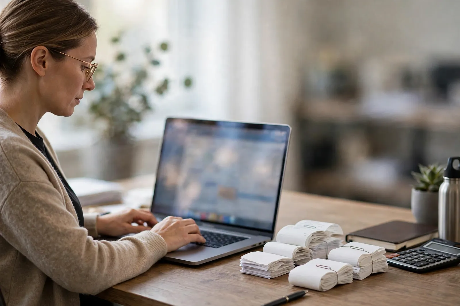 A bookkeeper working in accounting software on a laptop