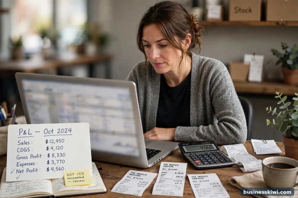 A business owner reviewing accounts on a laptop
