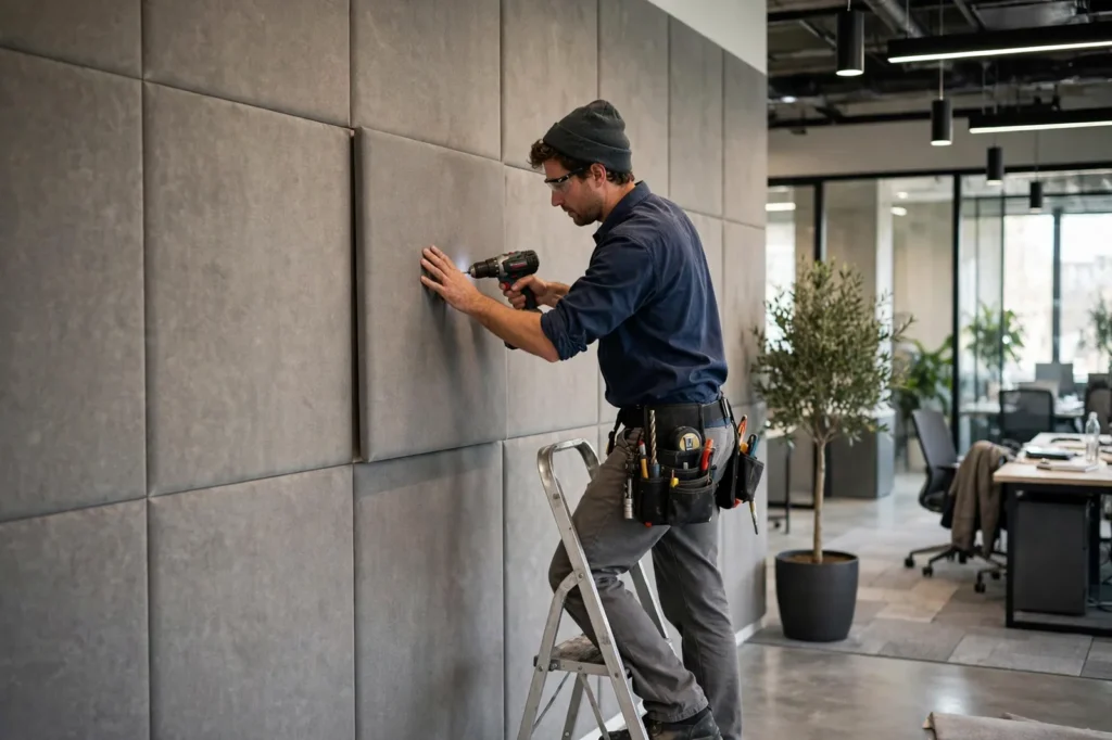 A tradesperson installing acoustic wall panels in an office