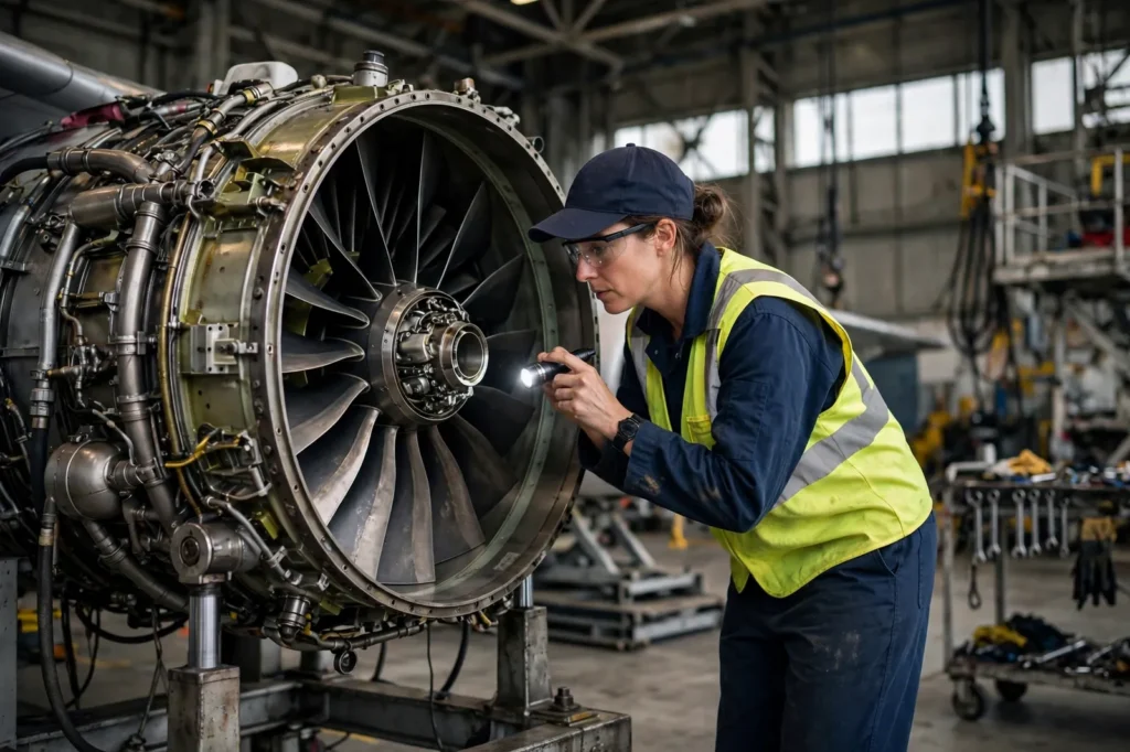 An aircraft engineer inspecting a jet engine in a hangar