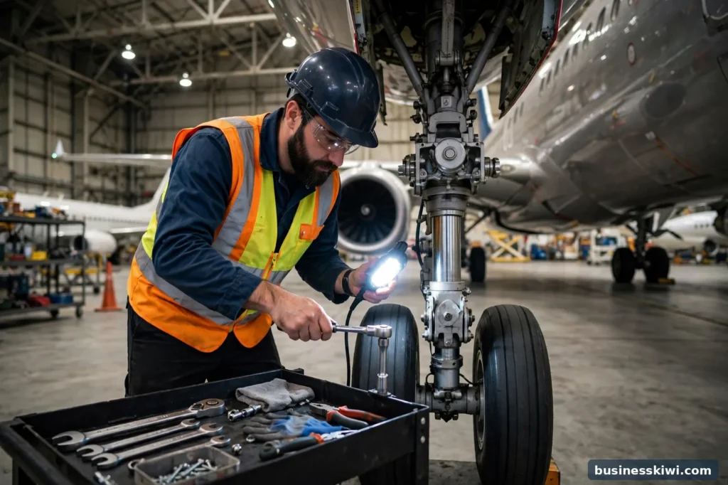 An aircraft engineer inspecting landing gear in a hangar