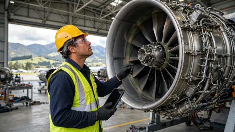Aircraft maintenance engineer inspecting a jet engine in a hangar