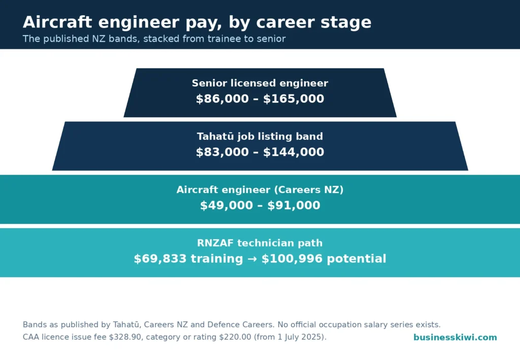 Pyramid of aircraft engineer pay by career stage: senior $86,000 to $165,000, Tahatu listings $83,000 to $144,000, Careers NZ $49,000 to $91,000, RNZAF $69,833 in training