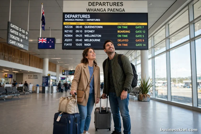 A couple with suitcases looking at the departures board in a New Zealand airport, businesskiwi.com
