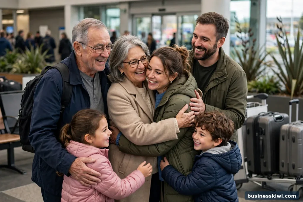 Grandparents being welcomed by family at a New Zealand airport