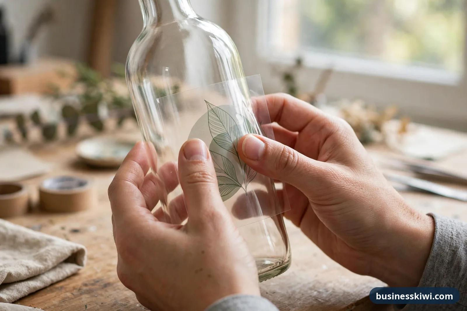 Hands applying a transparent clear label to a glass bottle on a workshop bench, smoothing the clear film down by hand