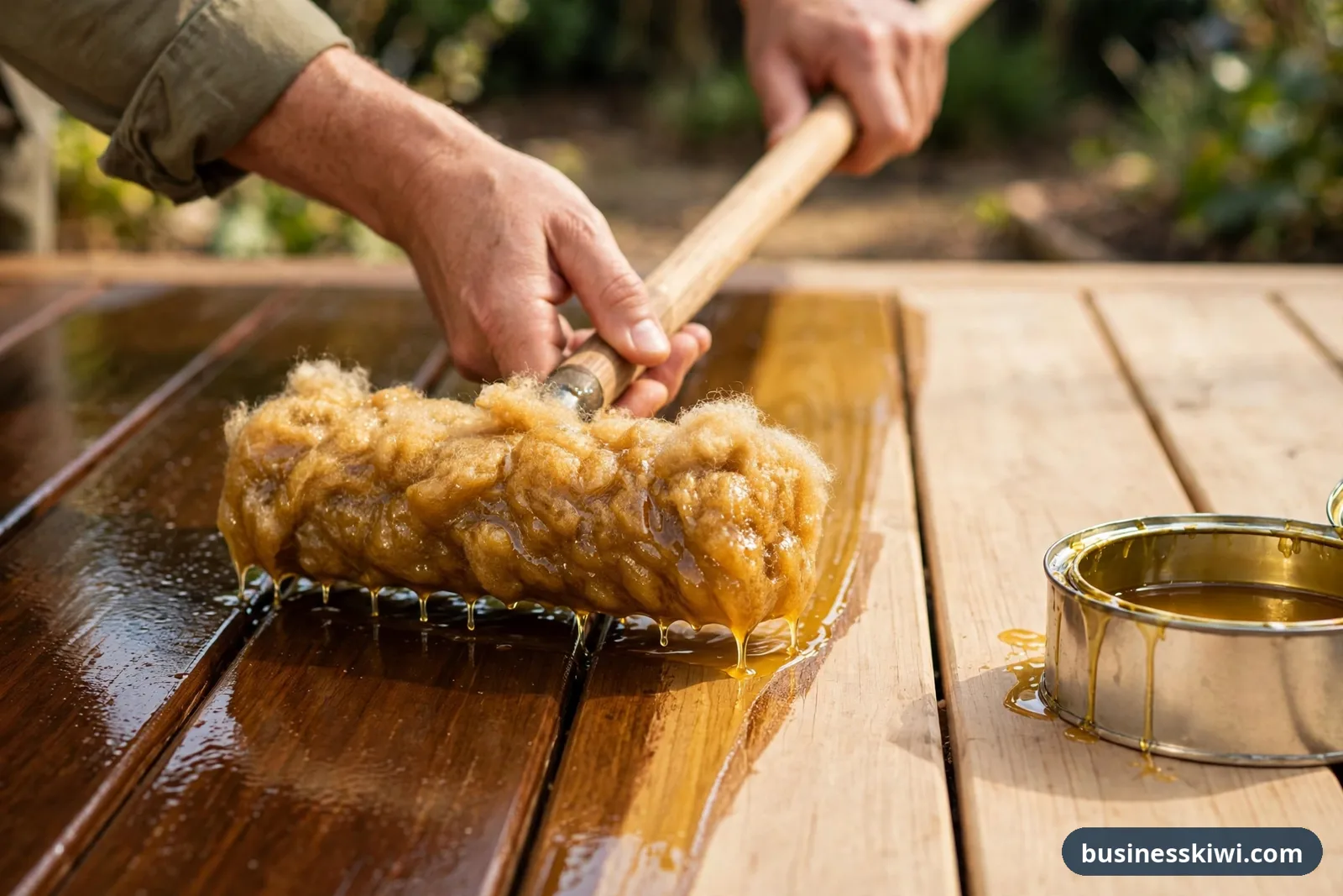 Applying decking oil to deck boards with a lambswool applicator, the oiled boards dark and rich beside dry pale boards