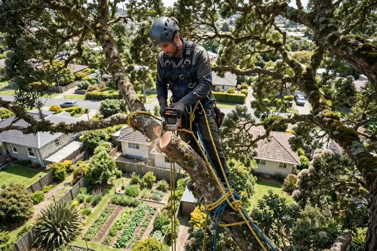An arborist in a climbing harness pruning a large tree high above a suburban street