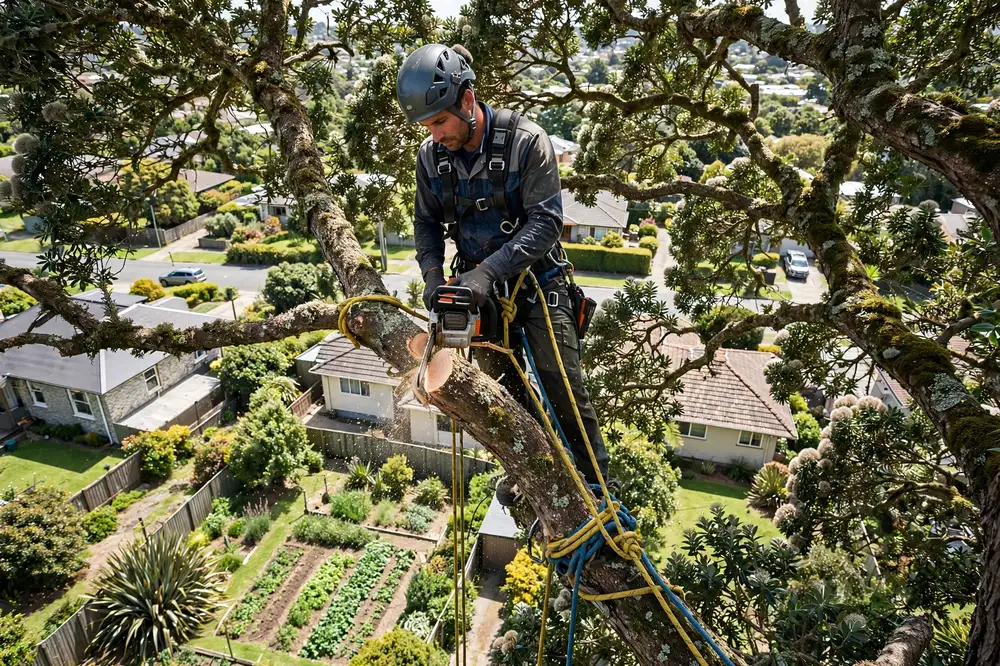 An arborist in a climbing harness pruning a large tree high above a suburban street
