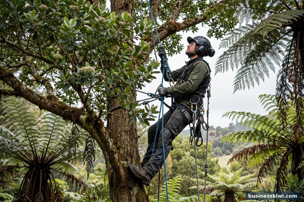 An arborist climbing a tree with ropes and a harness