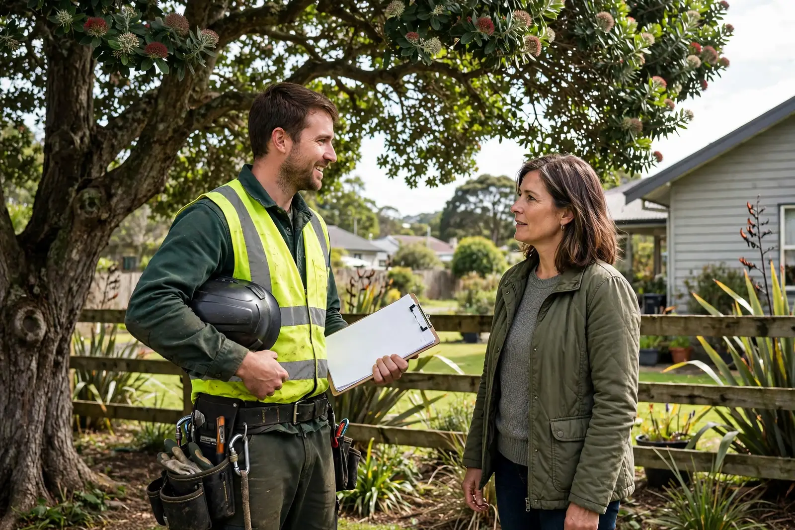 An arborist discussing a tree assessment with a homeowner beside a large tree in a suburban garden