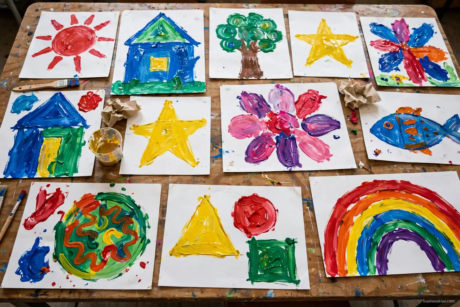 Children's artwork drying in the classroom