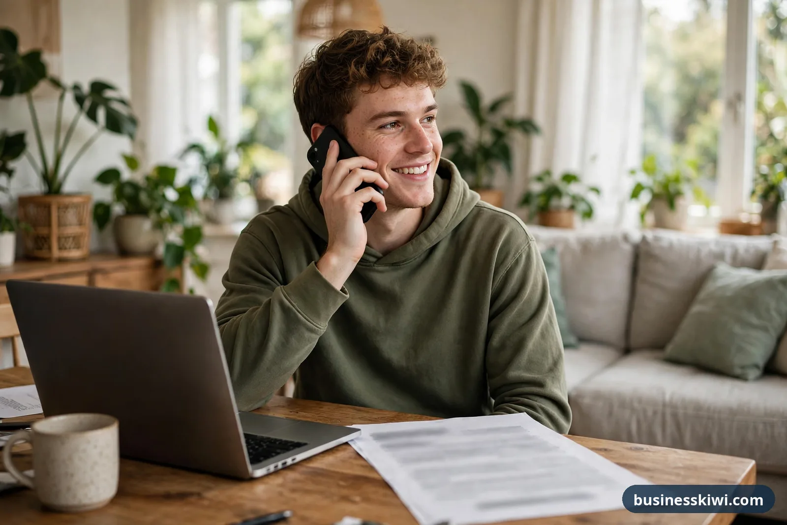 Job seeker at home phoning a former manager to ask permission to list them as a referee businesskiwi.com