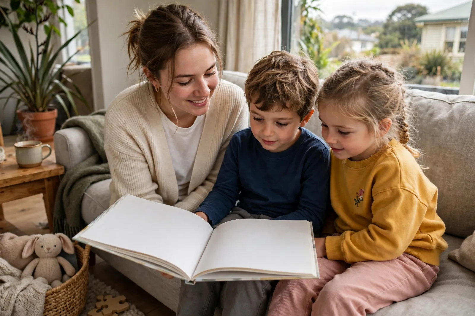 An au pair reading with children at home