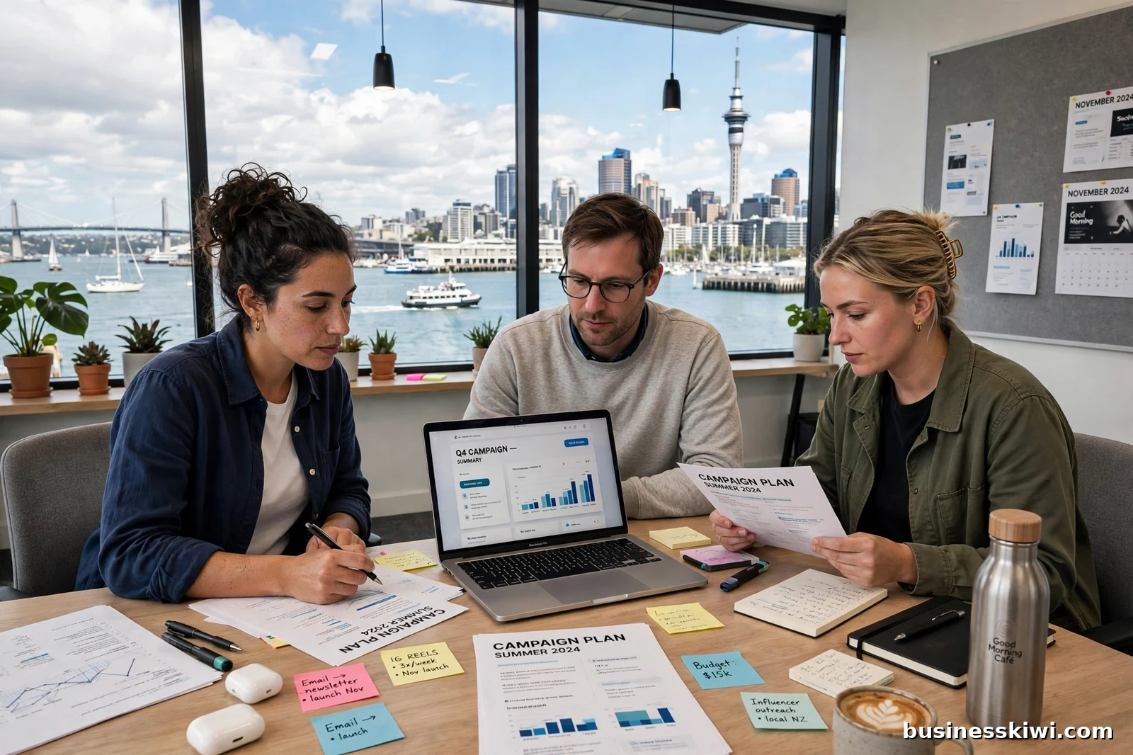 A marketing team planning campaigns around a table in an Auckland office with the harbour and Sky Tower through the window, businesskiwi.com