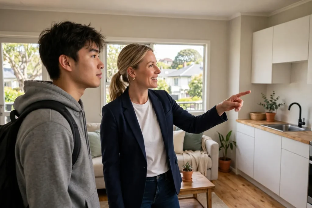 A tenant viewing a rental property with a property manager