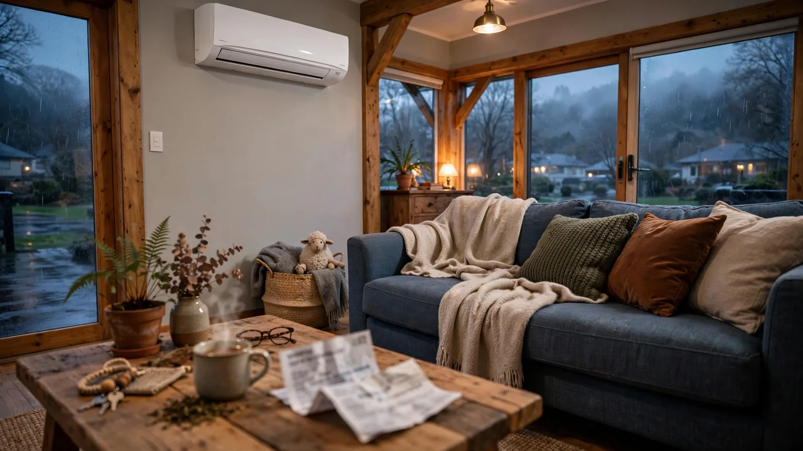 Living room of a New Zealand home on a winter evening with a heat pump running and a power bill on the coffee table