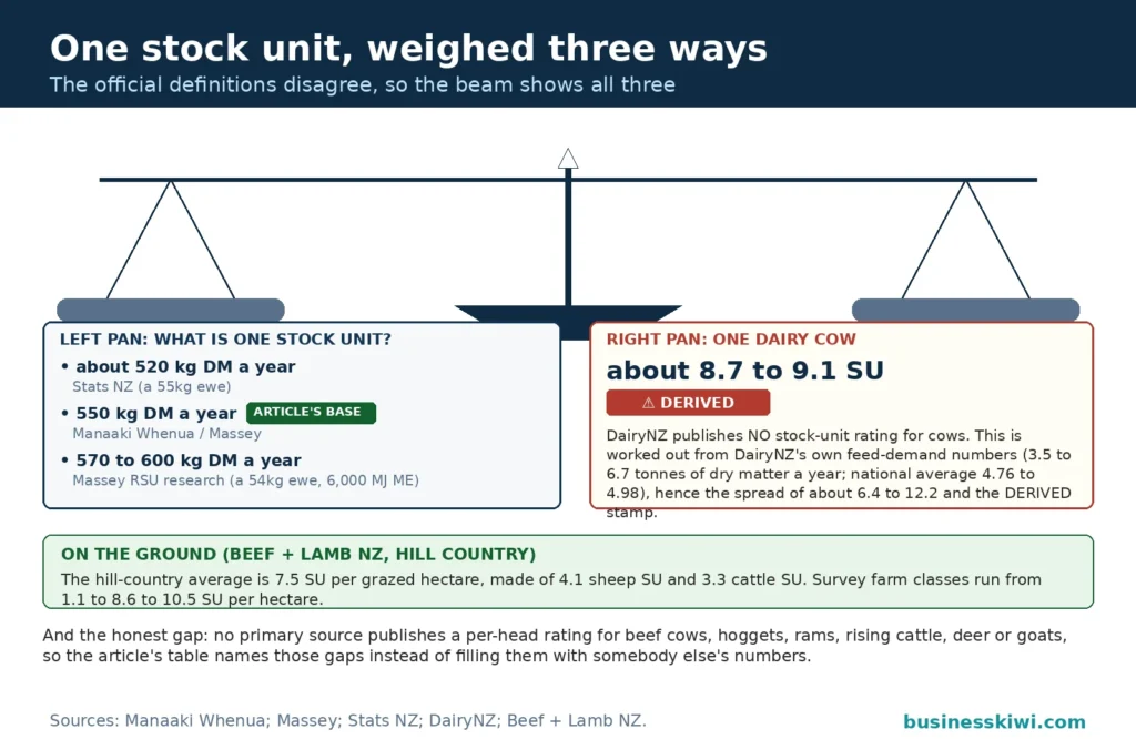 Feed-budget balance beam for stock units: the left pan carries the three official definitions of one stock unit, about 520 kg of dry matter a year from Stats NZ, 550 kg from Manaaki Whenua and Massey marked as the article's base and 570 to 600 kg from Massey research, while the right pan carries one dairy cow at about 8.7 to 9.1 stock units stamped DERIVED because DairyNZ publishes no rating for cows
