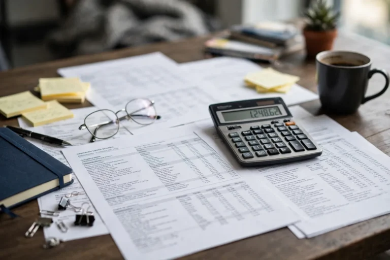 Financial statements and a calculator on a desk