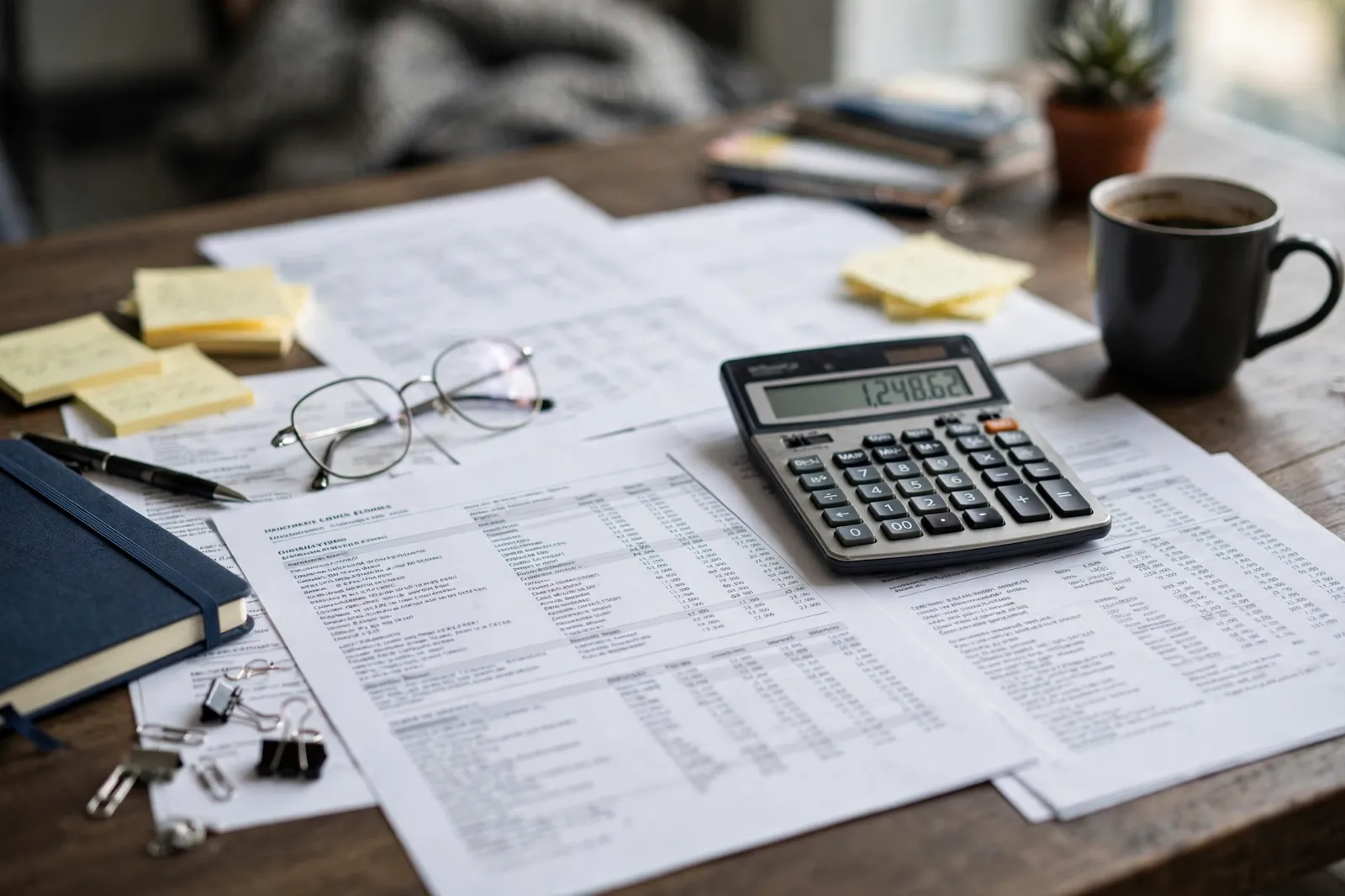 Financial statements and a calculator on a desk