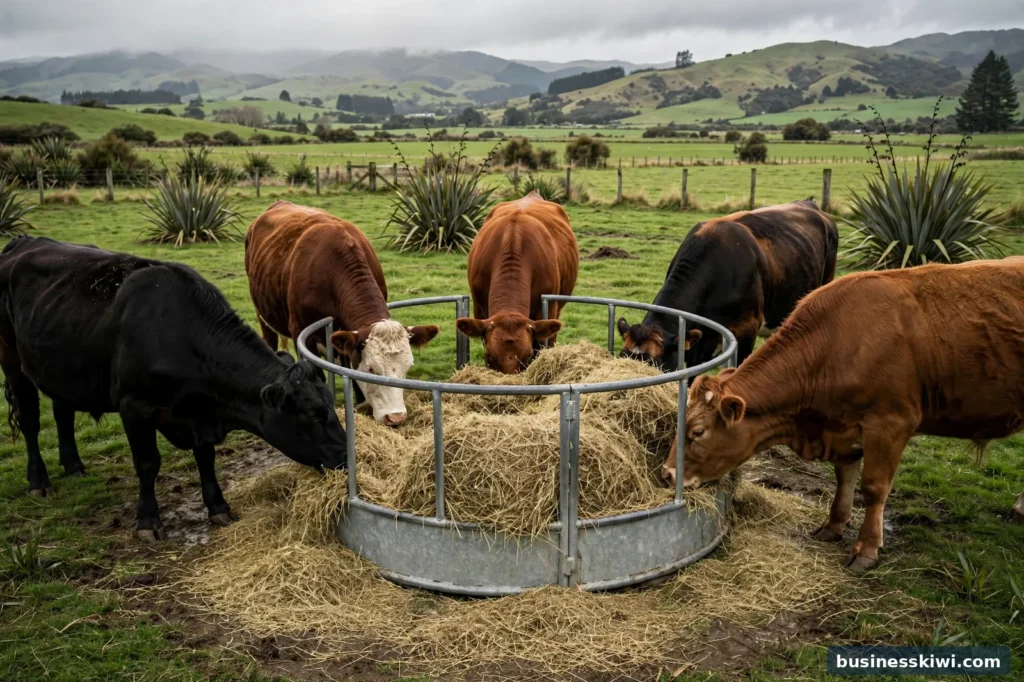 Cattle feeding from a round bale ring feeder