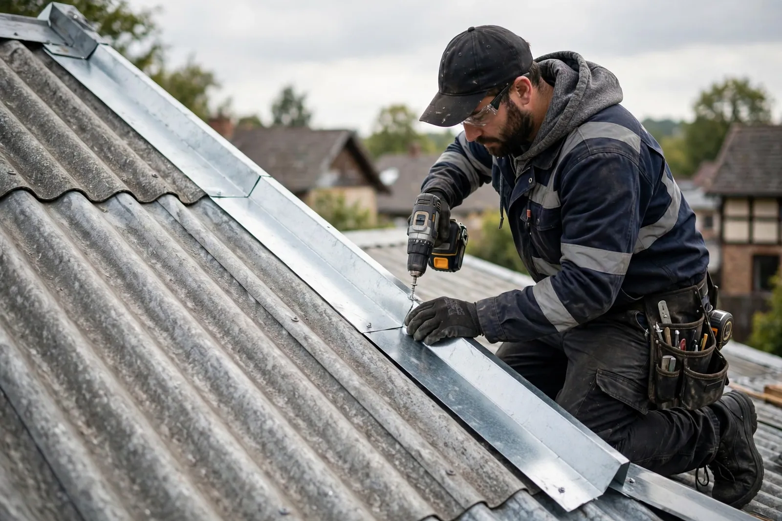 A roofer fitting barge flashing along a roof edge