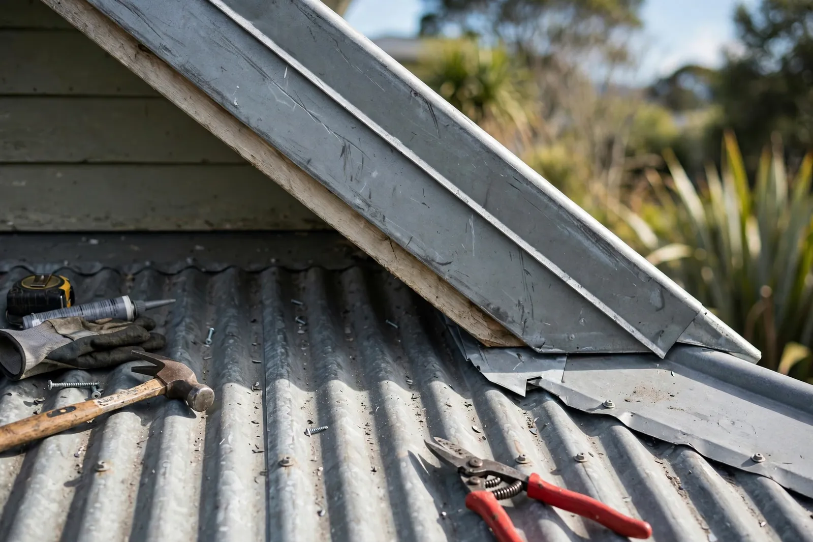 A folded metal barge flashing capping the gable edge of a corrugated steel roof during installation