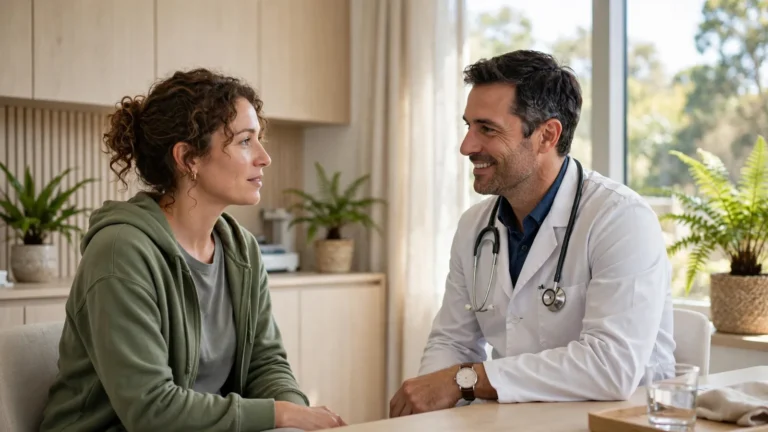 Patient talking with a specialist doctor in a bright private clinic in New Zealand