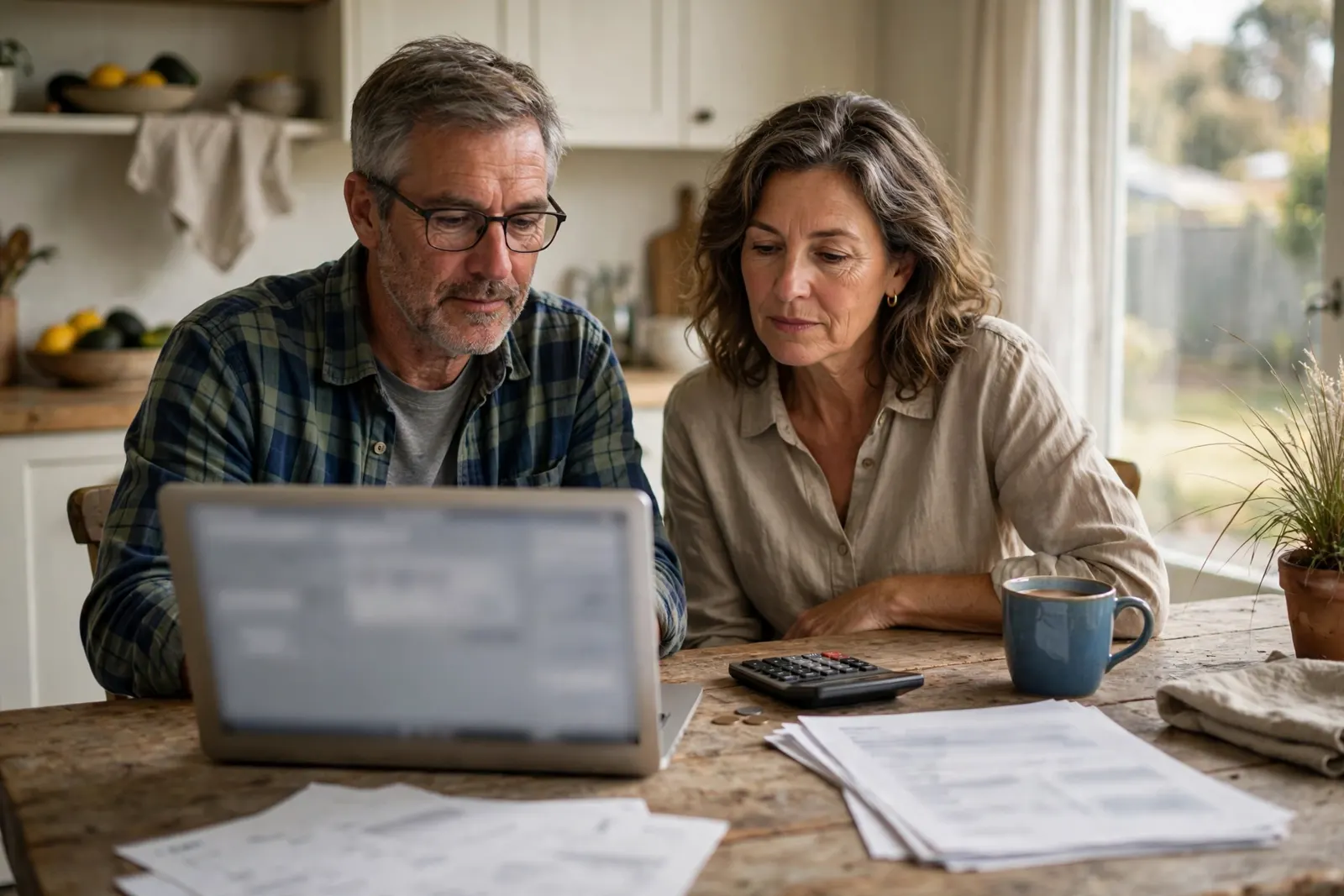 Couple at home comparing term deposit rates on a laptop with bank statements
