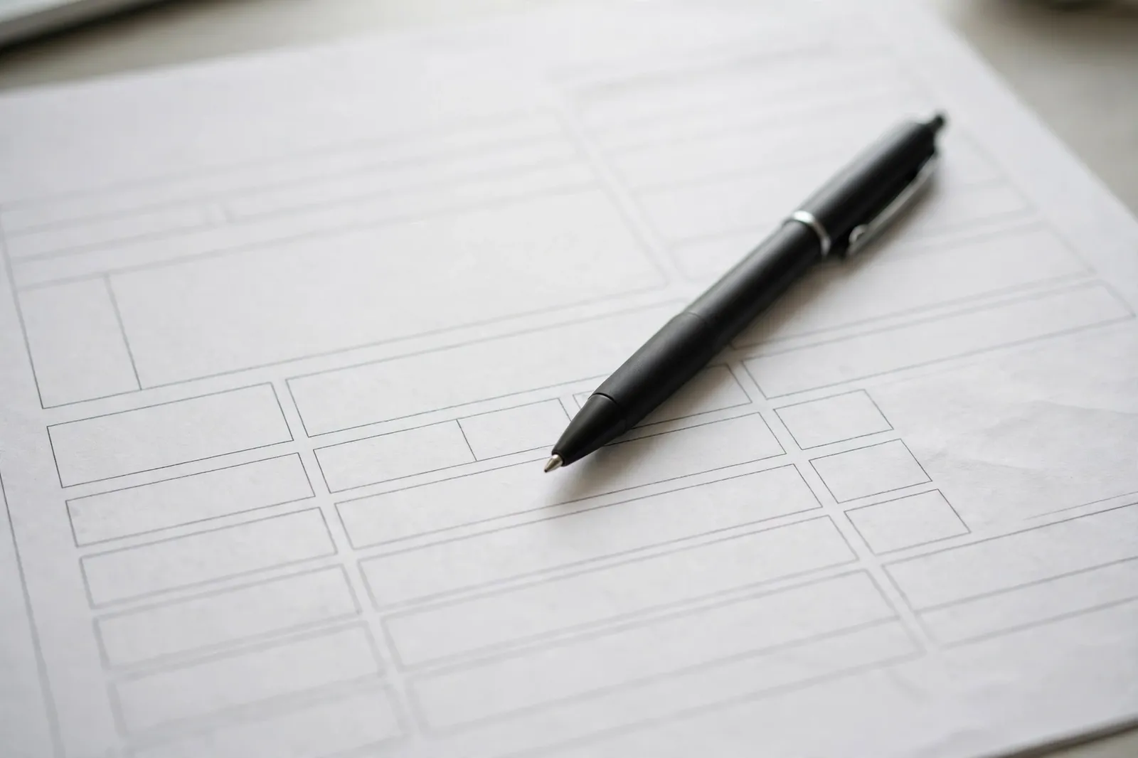 A pen resting on a blank invoice form