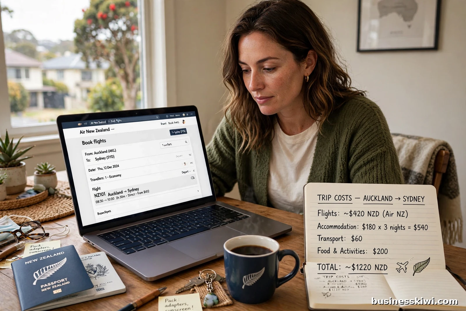 A woman booking flights from Auckland to Sydney on a laptop, with her NZ passport and a notebook of trip costs beside her, businesskiwi.com