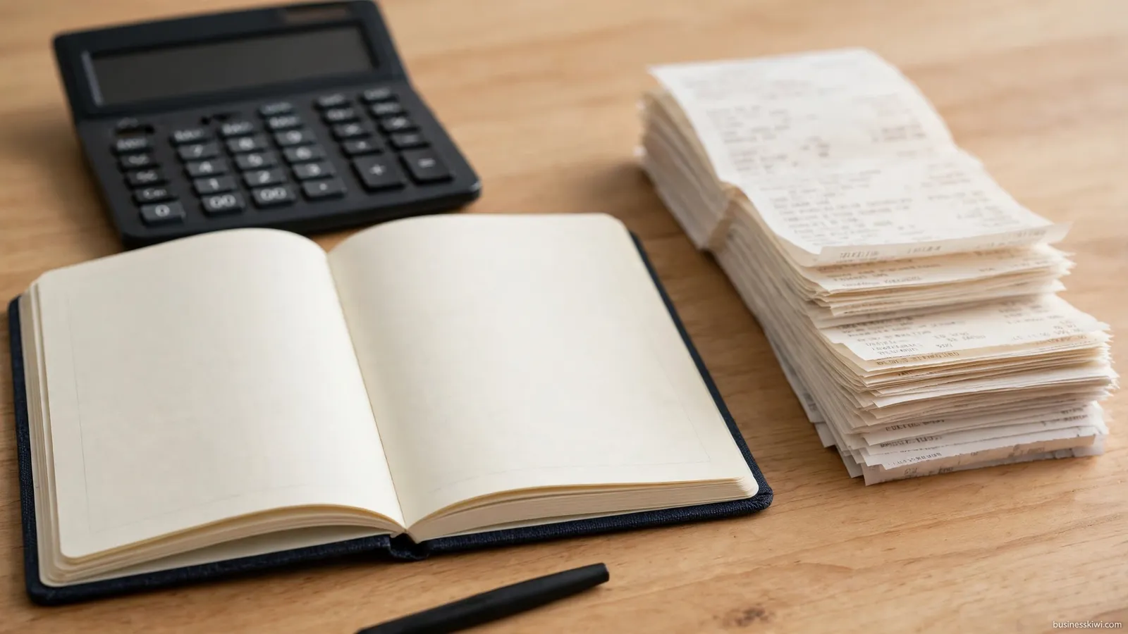 Bookkeeping paperwork and a calculator