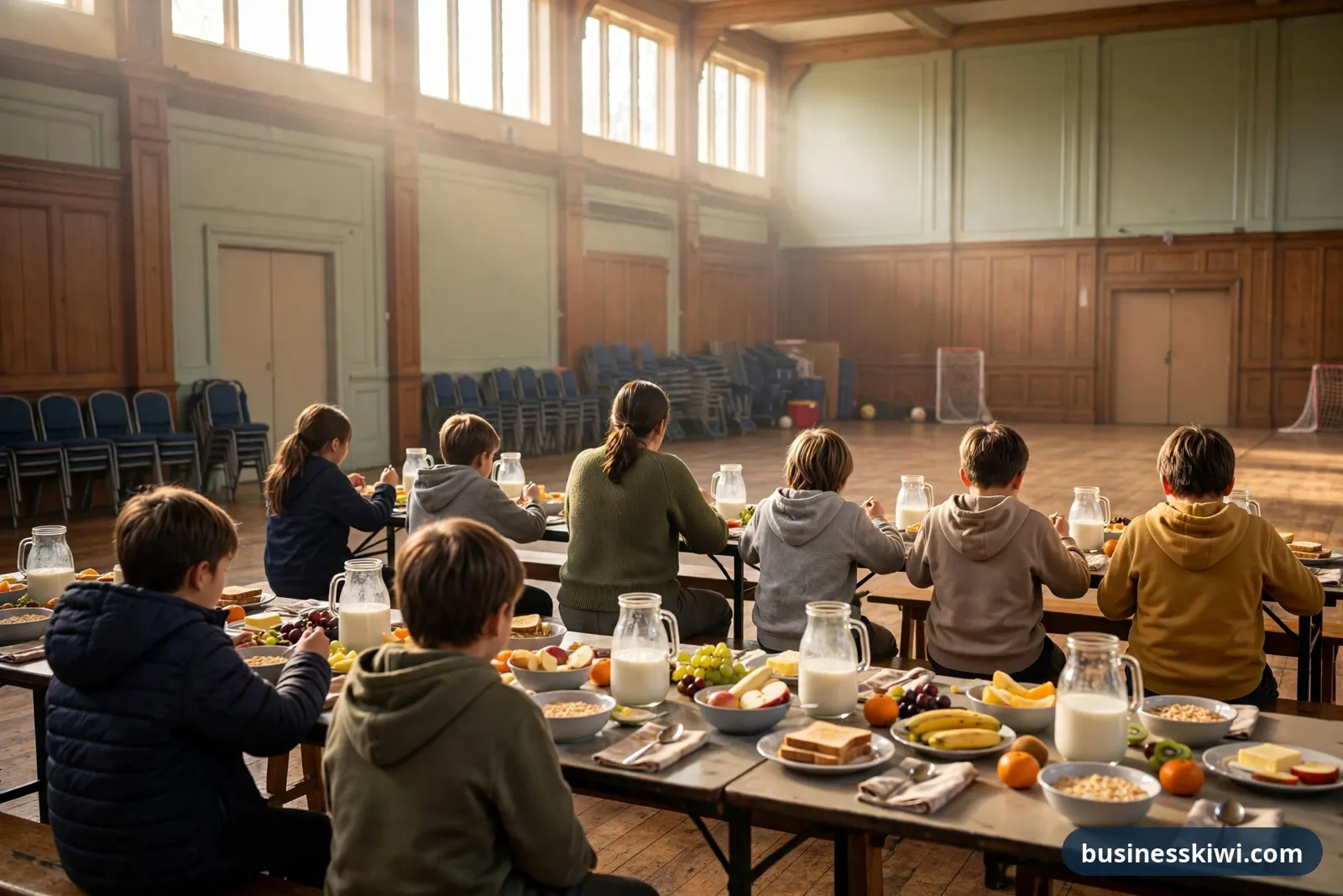 Illustration of a school breakfast club in a hall, with children eating cereal, toast and fruit at long tables, seen from behind