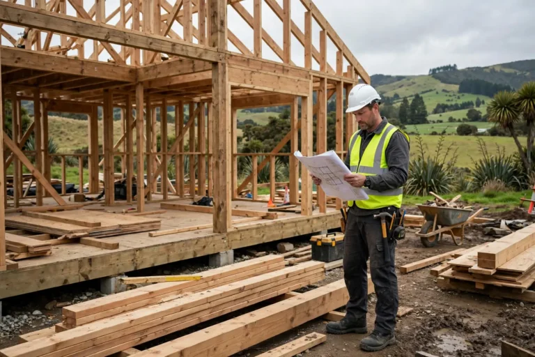 A builder reviewing plans beside a house under construction