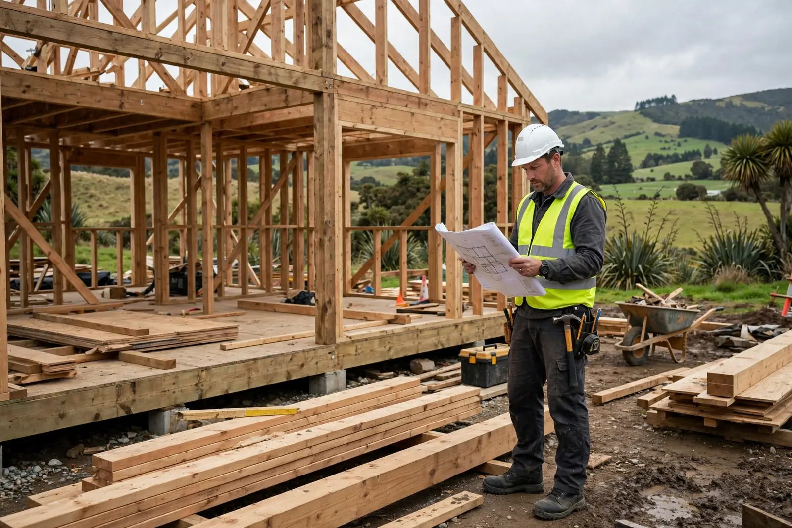 A builder reviewing plans beside a house under construction