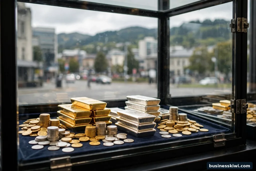 Bullion bars and coins in a dealer display case