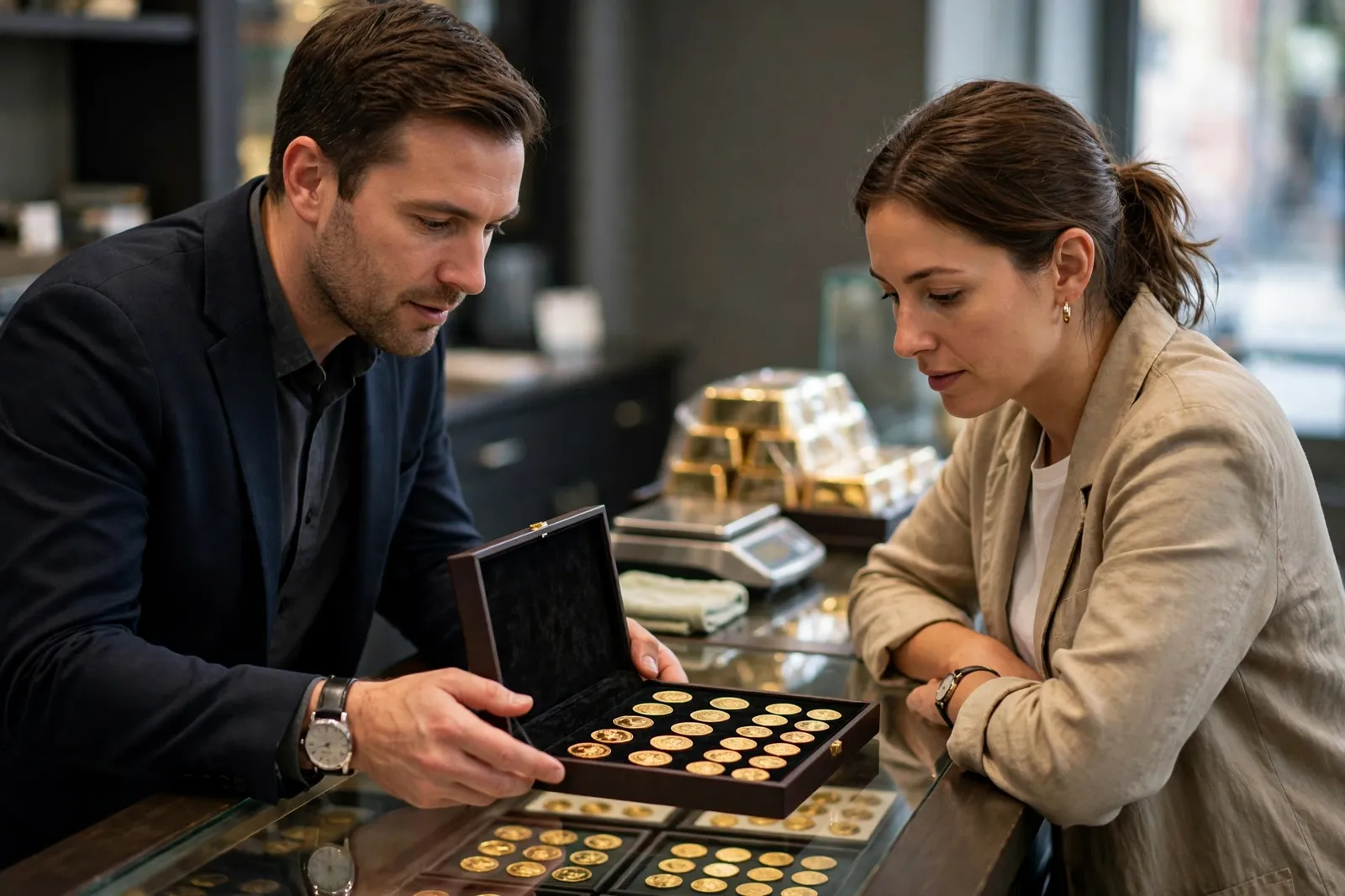 A dealer showing gold coins to a customer at the counter
