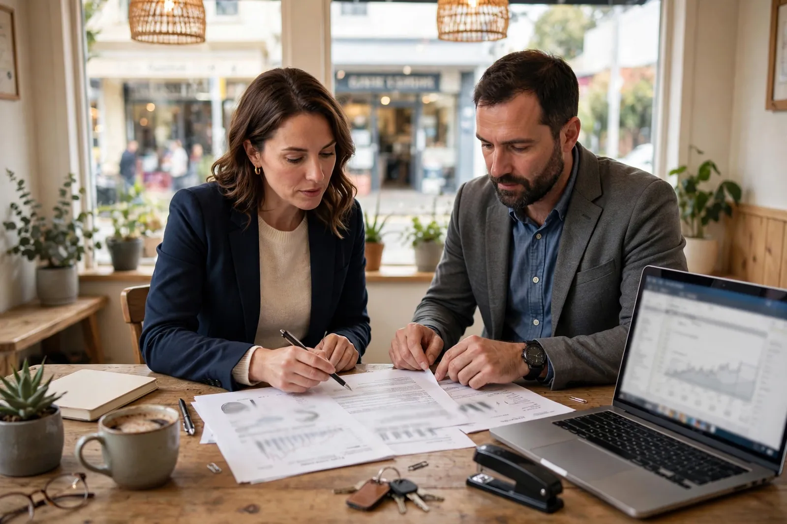 Two buyers reviewing a business sale agreement and financial documents at a cafe table