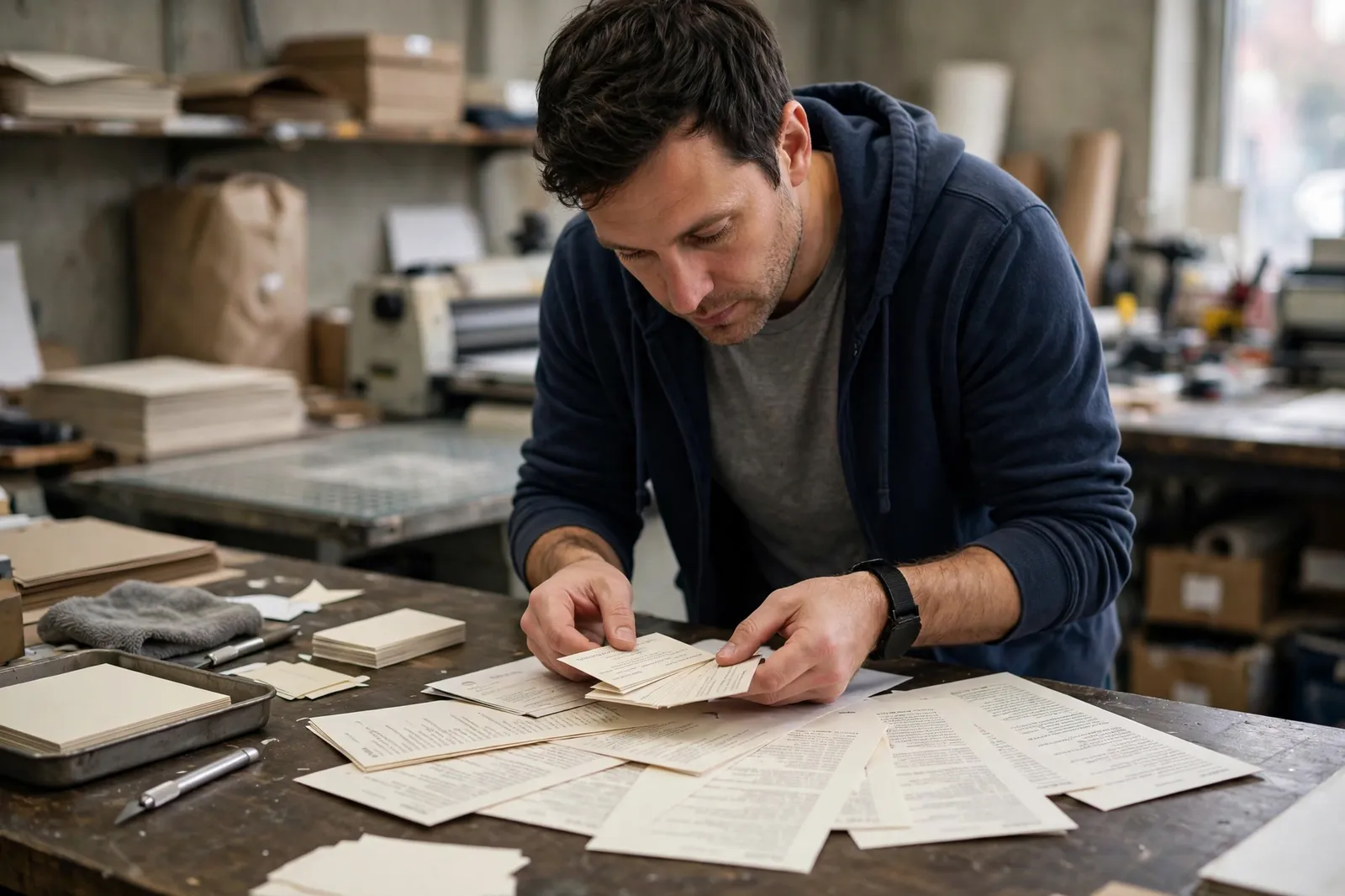 A printer checking freshly printed business cards