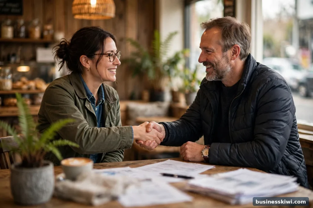 Two business owners shaking hands over the sale of a cafe