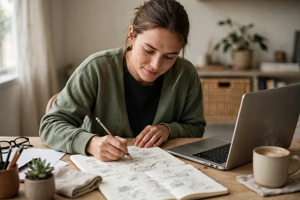 A woman sketching out a business idea in a notebook at her desk