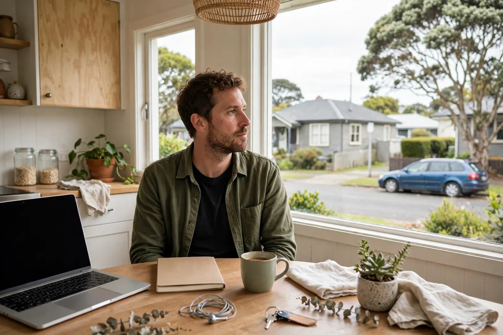New Zealander at home weighing up a business idea with a laptop and notebook