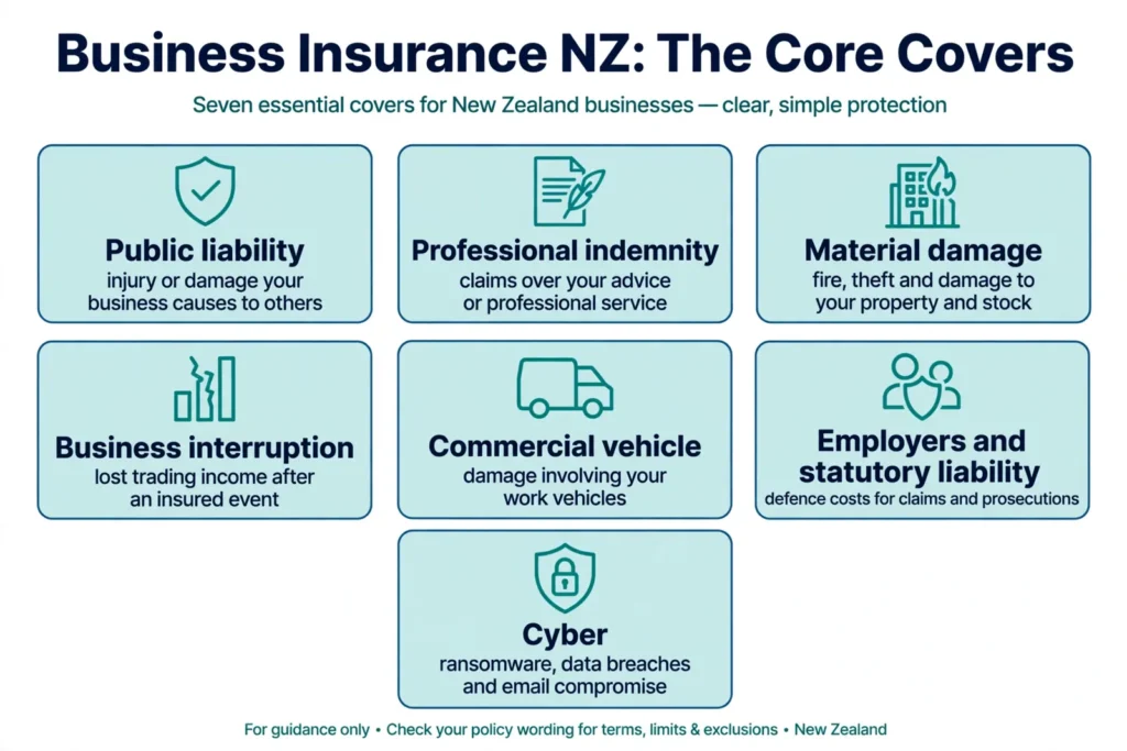 Diagram of the seven core business insurance covers in New Zealand and what each one responds to
