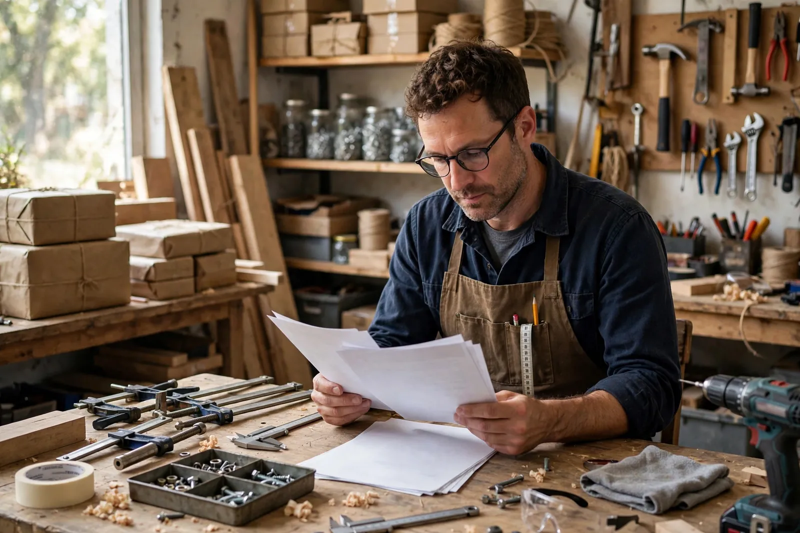 A small business owner reviewing insurance documents in his workshop